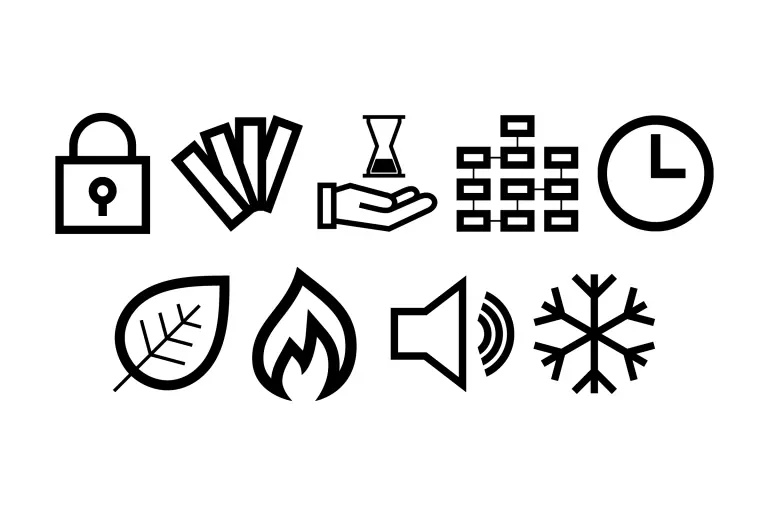 Es sind verschiedene Icons passend zu den Vorteilen des seriellen Bauens und Sanierens dargestellt.