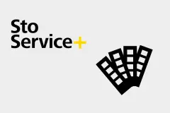 Das Logo von StoService Plus mit einem stilisierten Farbfächer zur Visualisierung der Leistungen im Bereich Bemusterung