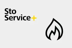 Das Logo von StoService Plus mit einem stilisierten Flamme zur Visualisierung der Leistungen im Bereich Brandschutz